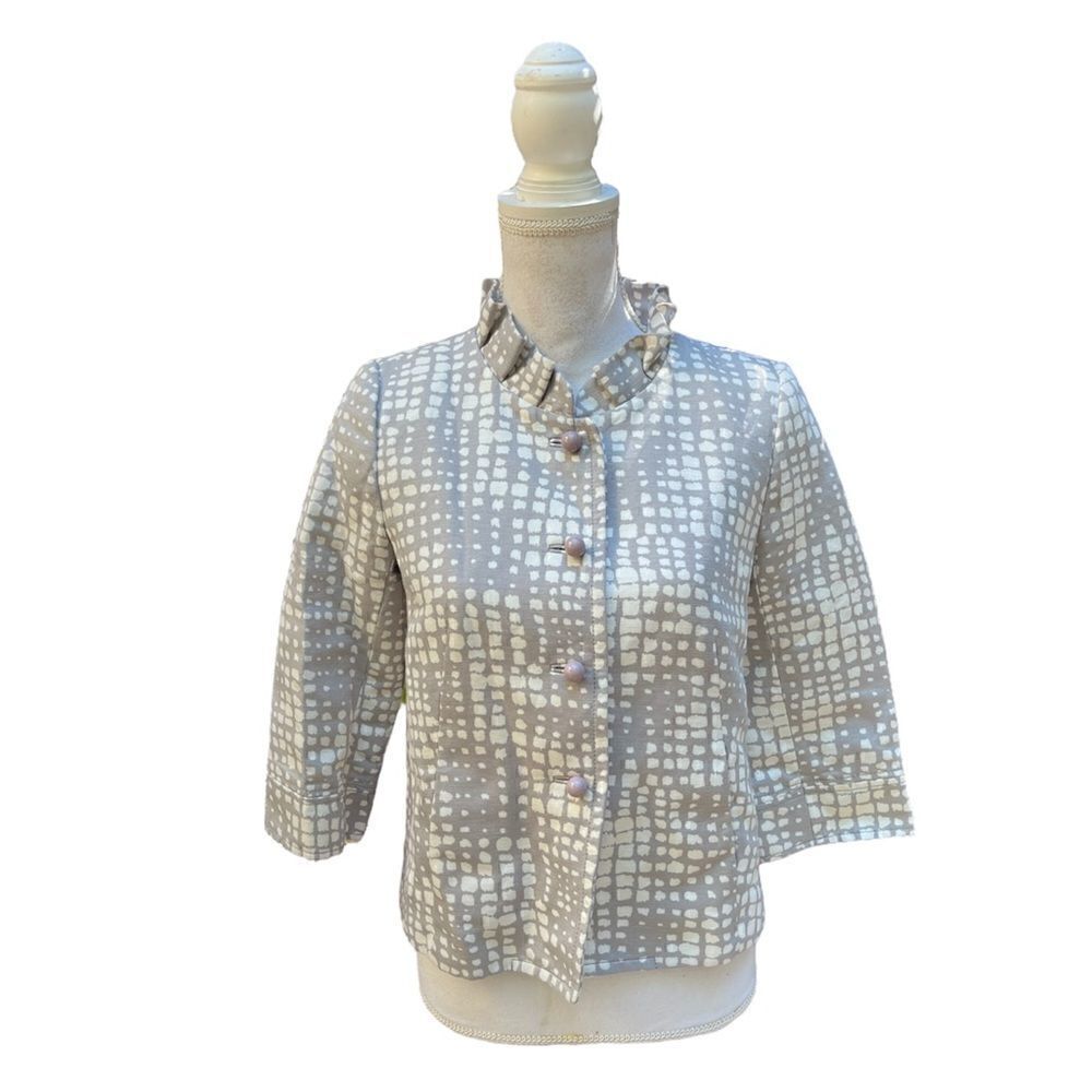 J. CREW GEO PRINT CROPPED COCKTAIL JACKET GRAY IVORY RUFFLED COLLAR BLAZER XS-S*